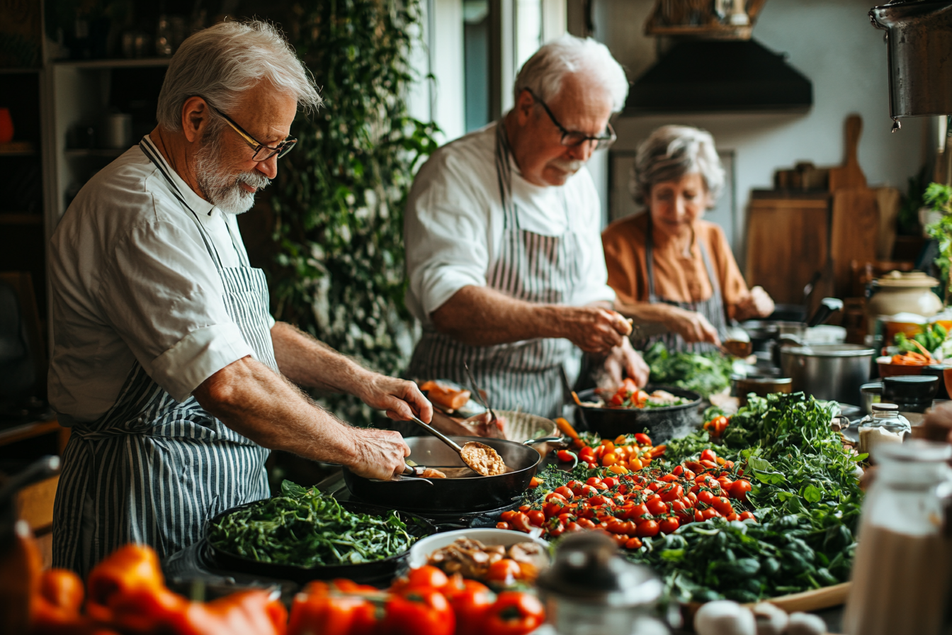 Щаслива пара старшого віку готує здорову їжу